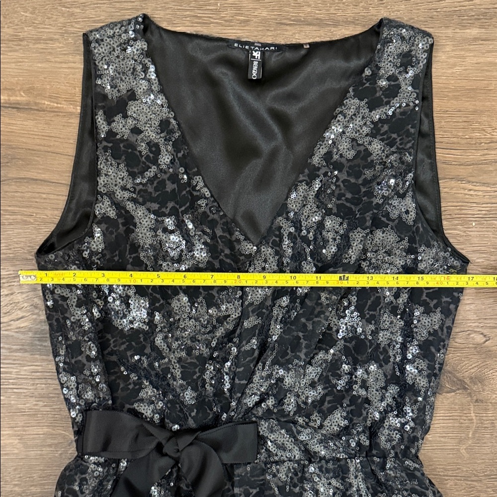 Elie Tahari Black and Silver Sequin Midi Dress with Waist tie - 10 - Picture 5 of 9